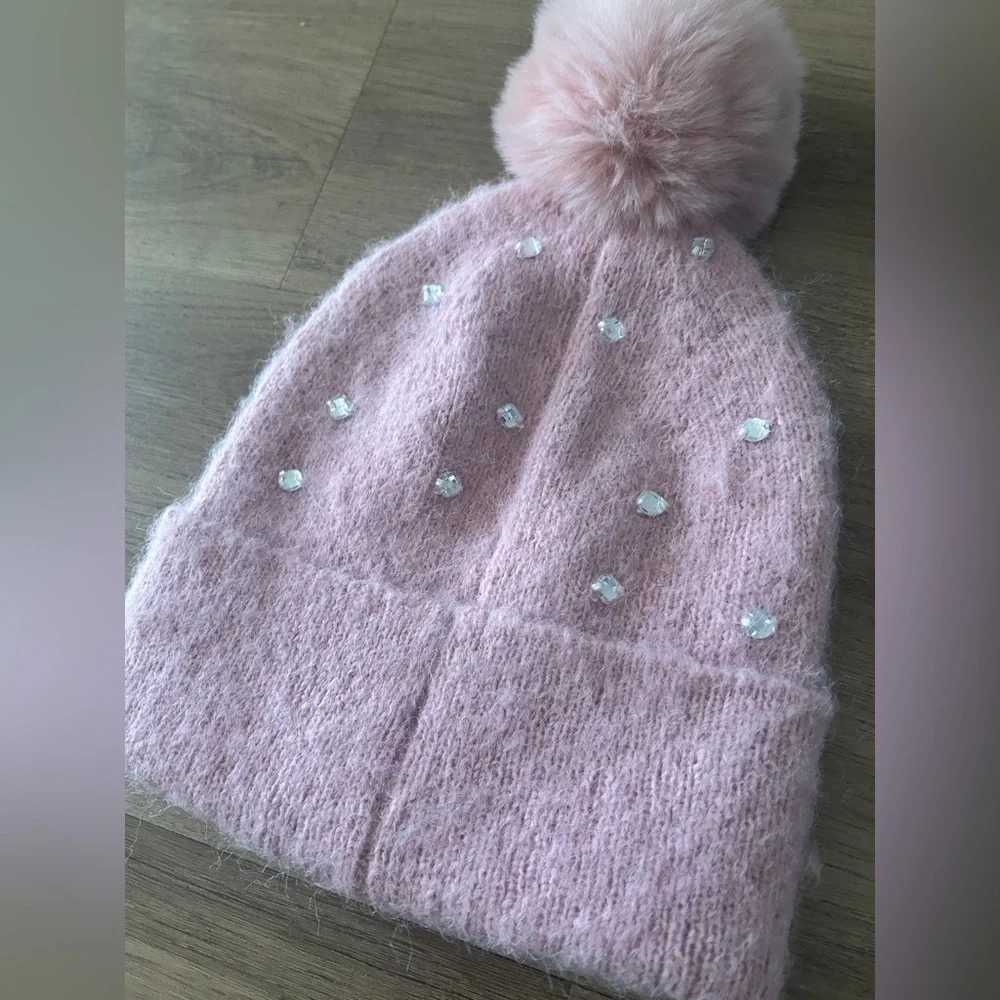 Kids Pink Rhinestone Knit Beanie with Pom – One Size NWT